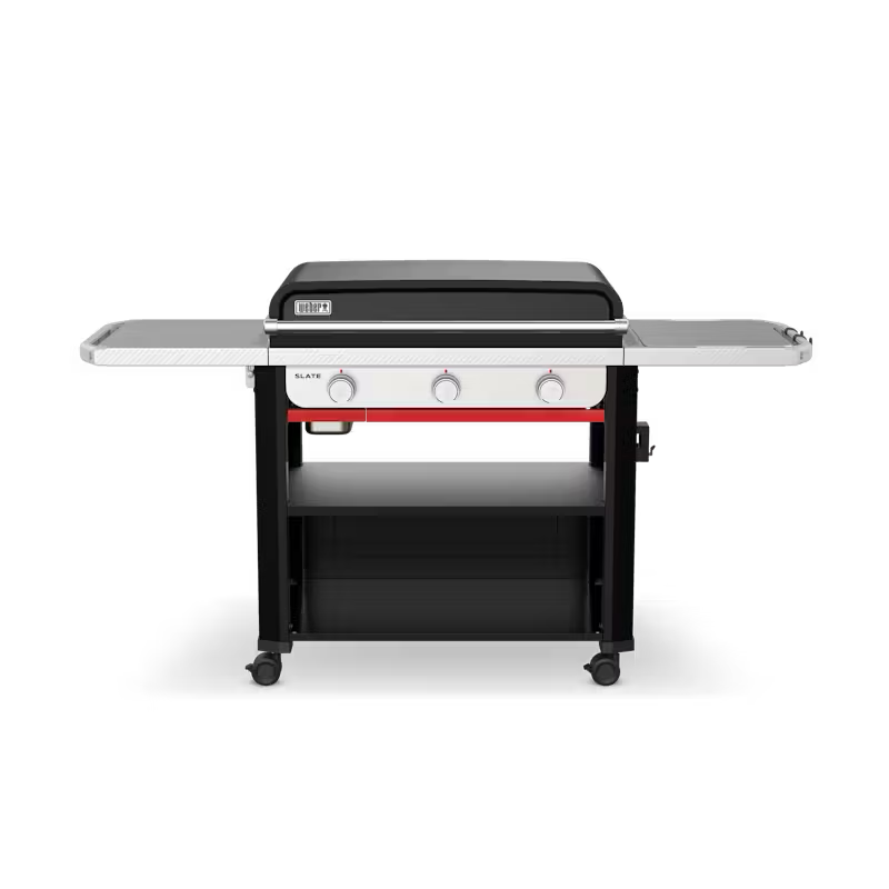 A black and red grill with wheels and a shelf on a white background.