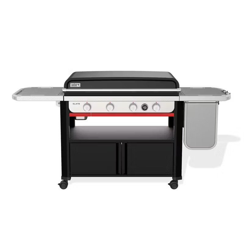 A black and silver grill with wheels and a shelf on a white background.