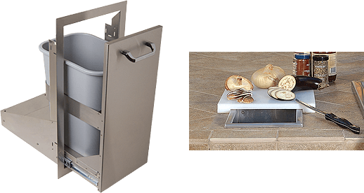 A picture of a trash can next to a picture of a cutting board with onions on it.