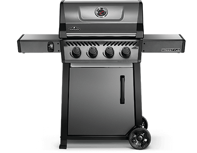 A black gas grill with wheels on a white background.