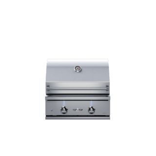 A stainless steel grill is sitting on a white surface.