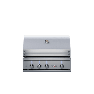 A stainless steel grill with four burners on a white background.
