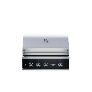 A stainless steel grill with four burners on a white background.