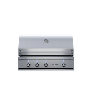 A stainless steel grill with four burners on a white background.