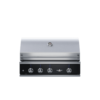 A stainless steel grill with four knobs on a white background.