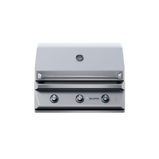 A stainless steel grill with three burners on a white background.
