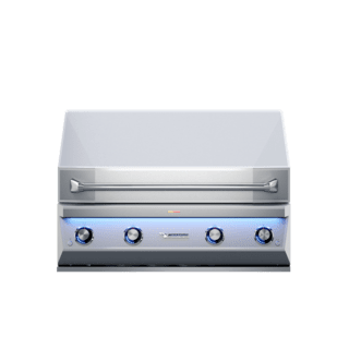 A stainless steel grill with a blue light on it is on a white background.