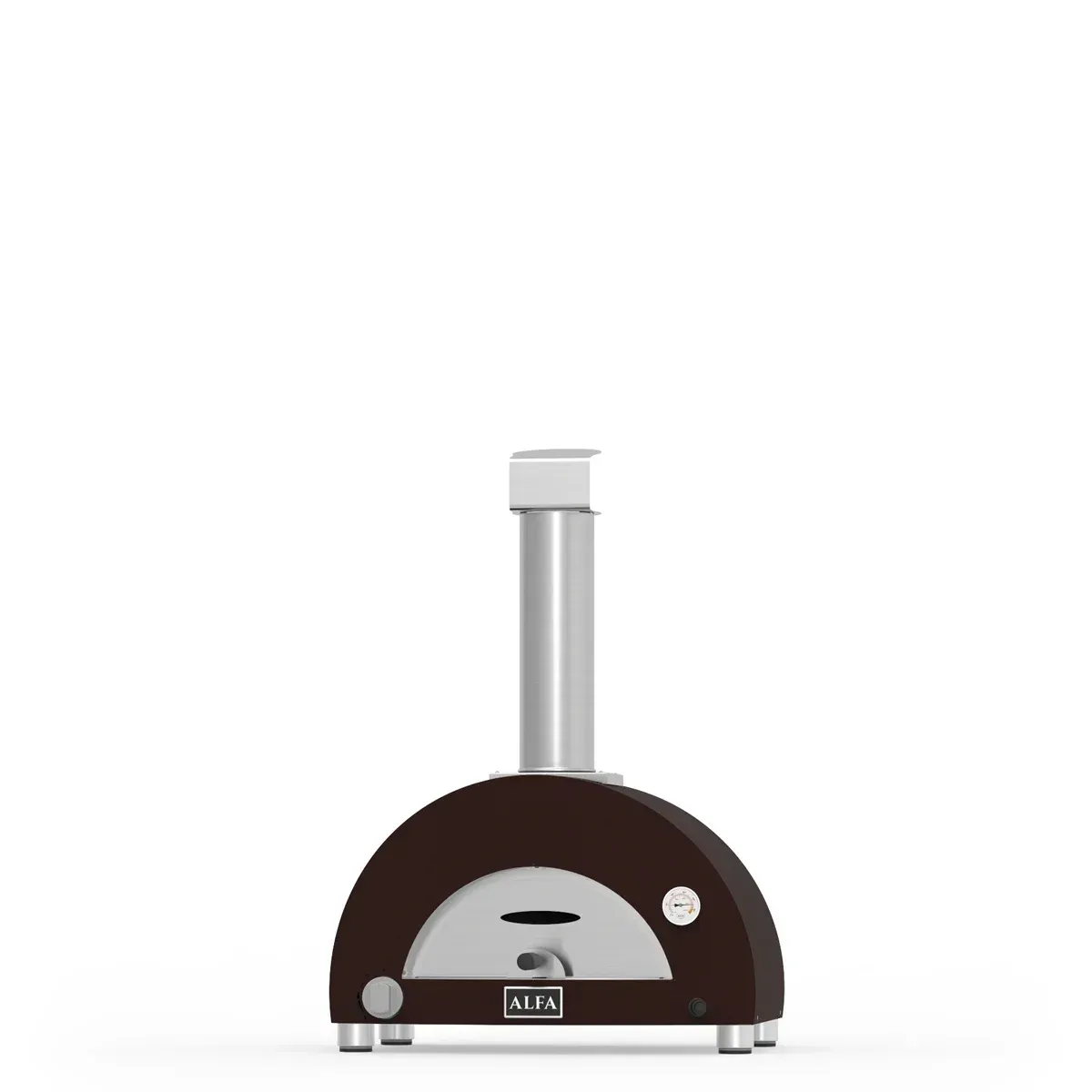 a brown pizza oven with a stainless steel chimney on a white background .