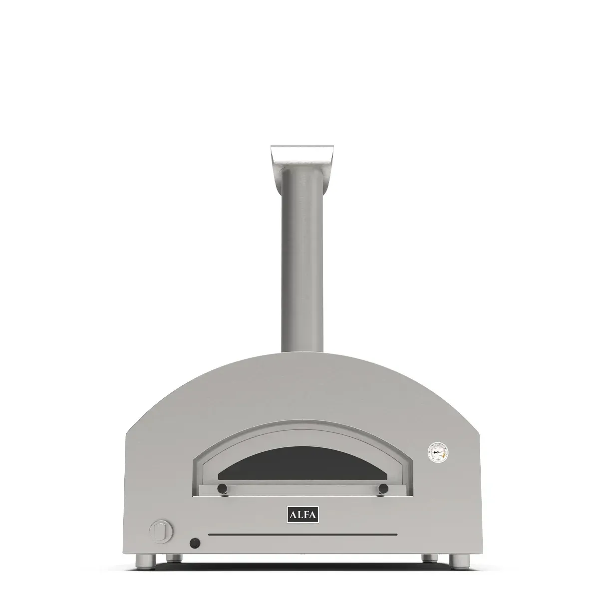 a stainless steel pizza oven is sitting on a white surface .