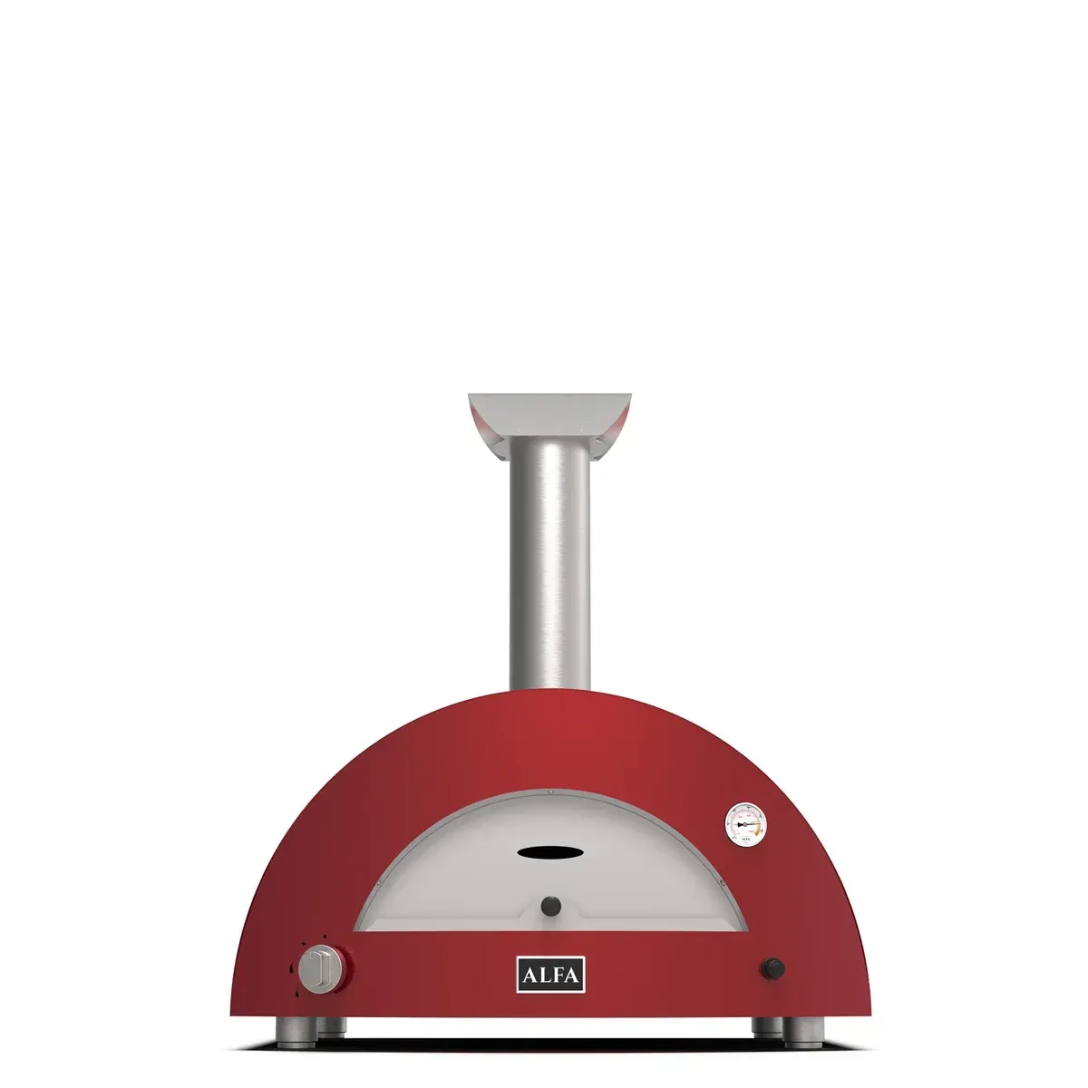 a red pizza oven with the word alfa on it
