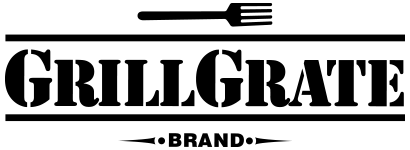 A black and white logo for grill grate brand with a fork.