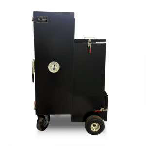 A black box with wheels and a thermometer on it.