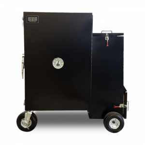 A black box with wheels on a white background.