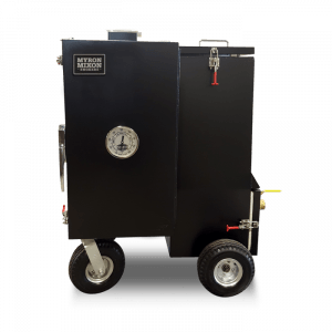 A black myron mixer on wheels on a white background