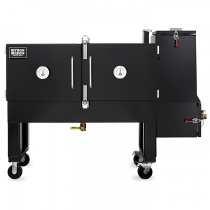 A black bbq grill with wheels on a white background