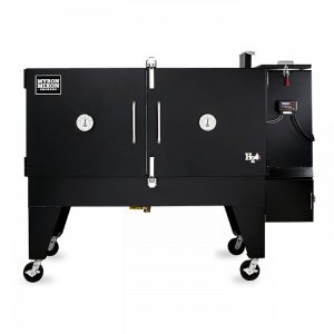 A black bbq grill with wheels on a white background.