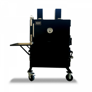 Black vertical smoker with dual chimneys, a side shelf, and wheels.