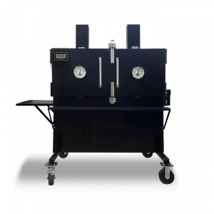 A black grill with two burners and wheels on a white background
