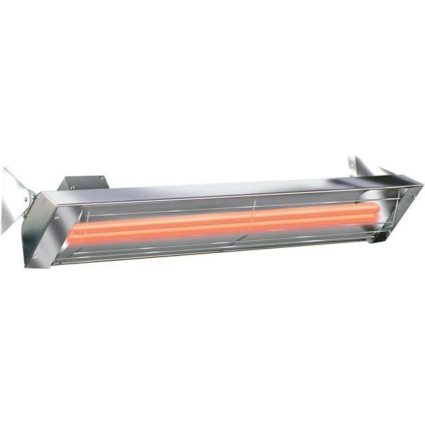 A stainless steel heater with a red light coming out of it.