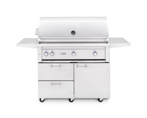 A white grill with wheels and drawers on a white background.