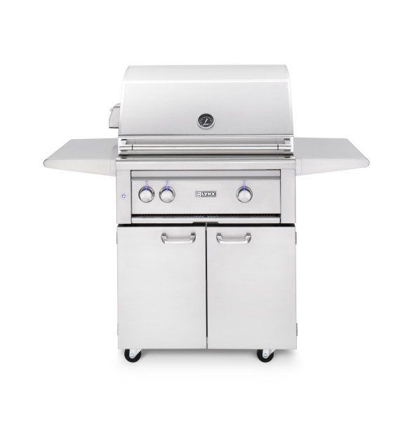 A stainless steel grill with wheels and cabinets on a white background.