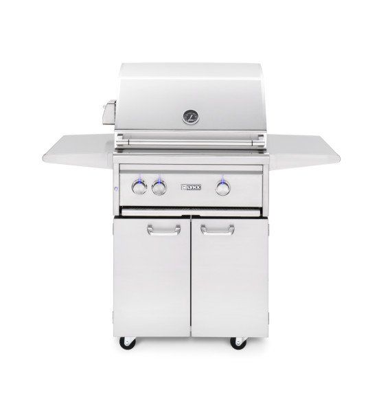 A stainless steel grill with wheels and cabinets on a white background.