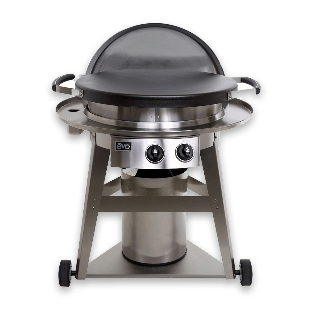 A stainless steel grill with wheels on a white background