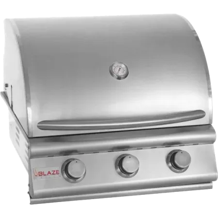 A stainless steel grill with three knobs on a white background.
