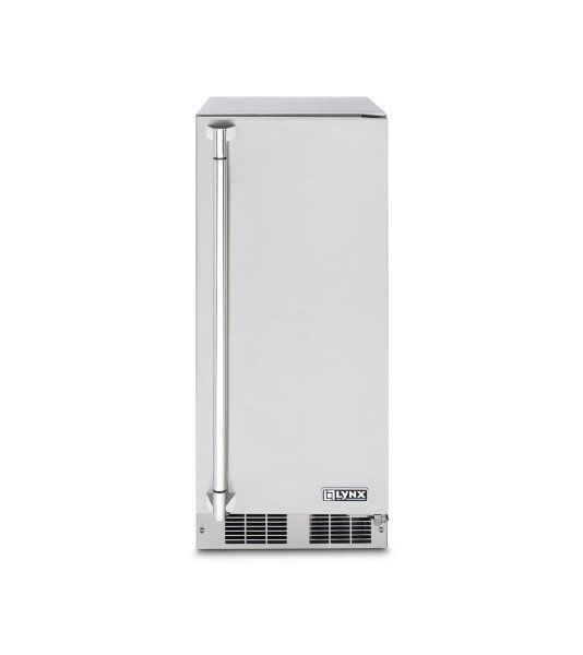 A stainless steel ice maker with a handle on a white background.