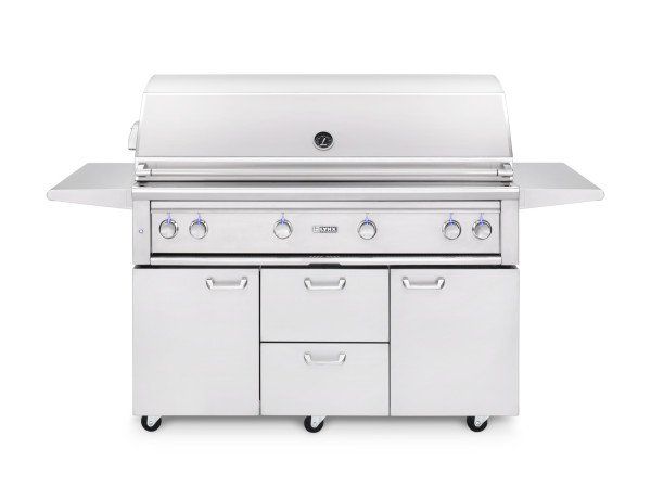 A white grill with wheels and cabinets on a white background.