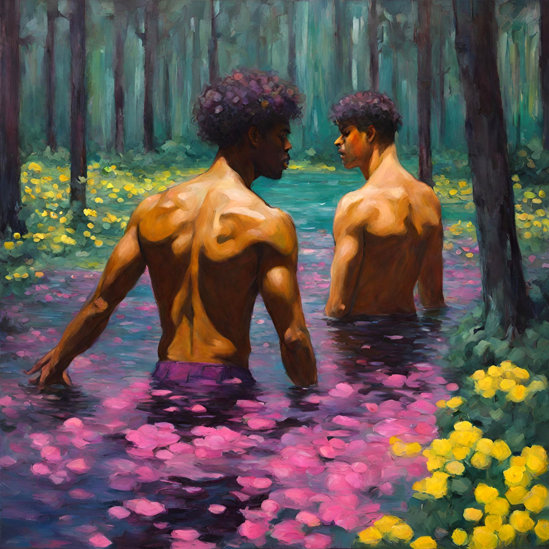 Two shirtless Black men in a flowering stream, gazing at each other in a forest setting.