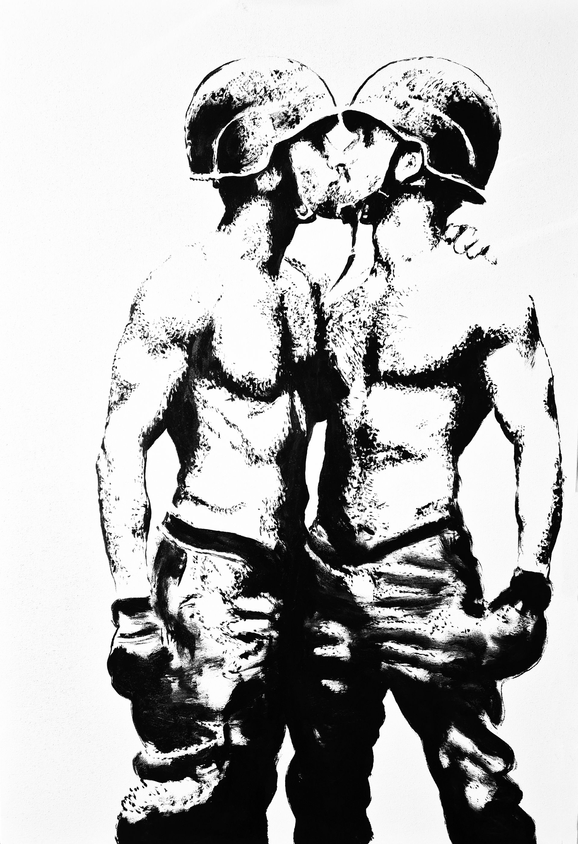 Two shirtless men in helmets kissing. Black and white stencil art.