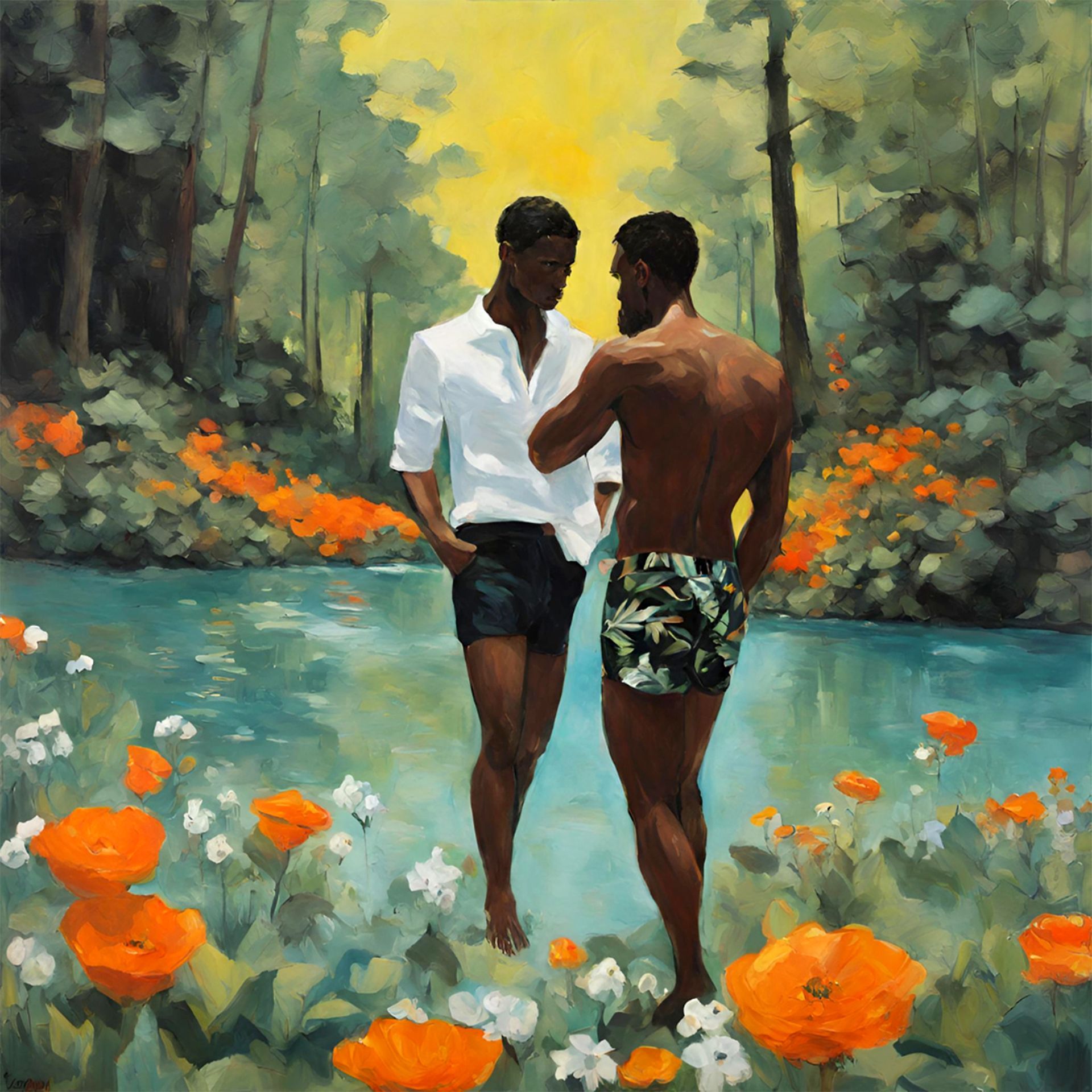 Two Black men by a river, one in swim trunks, the other in a white shirt, surrounded by flowers.