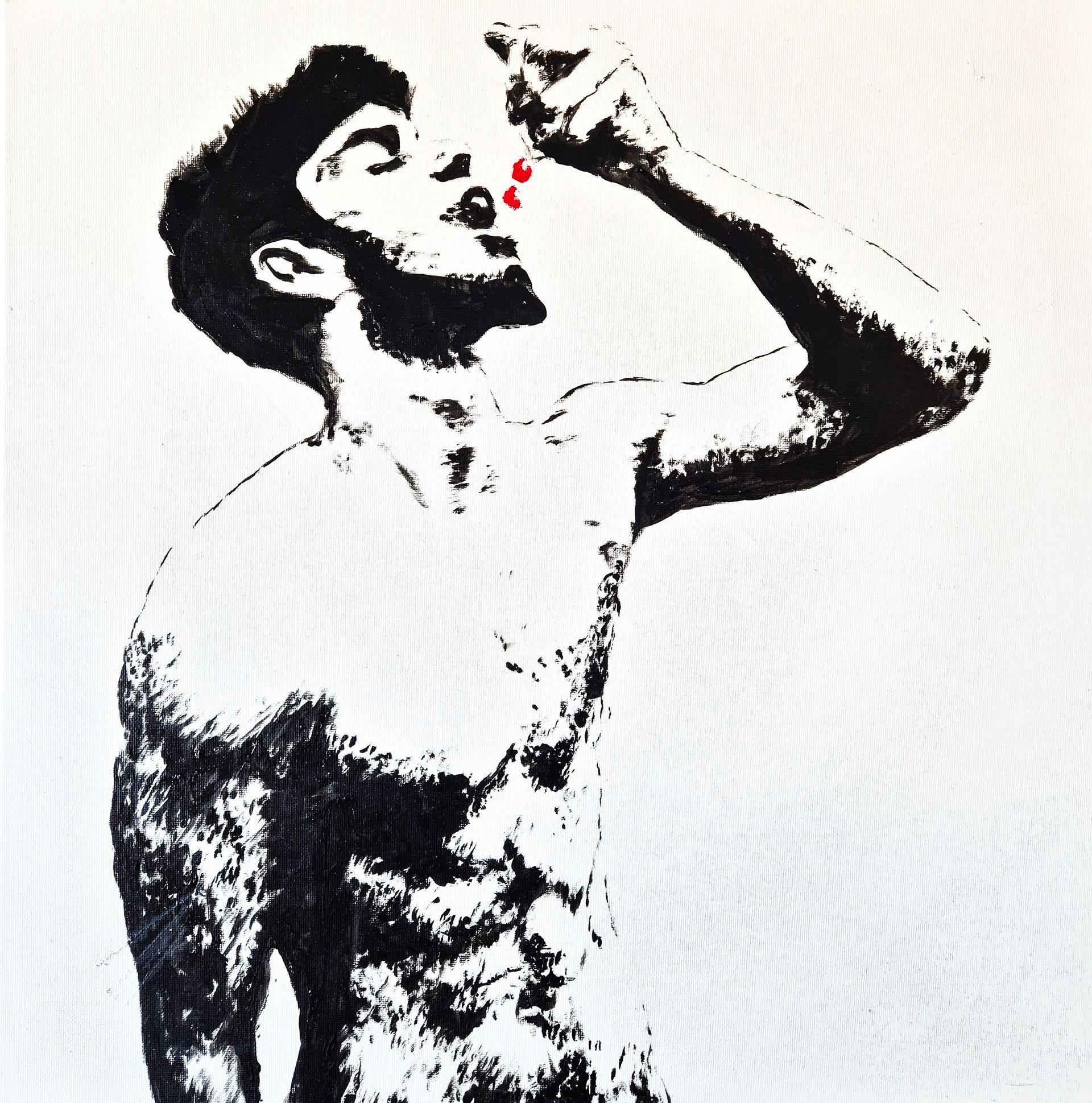 Black and white art of shirtless man looking up, eating a cherry.