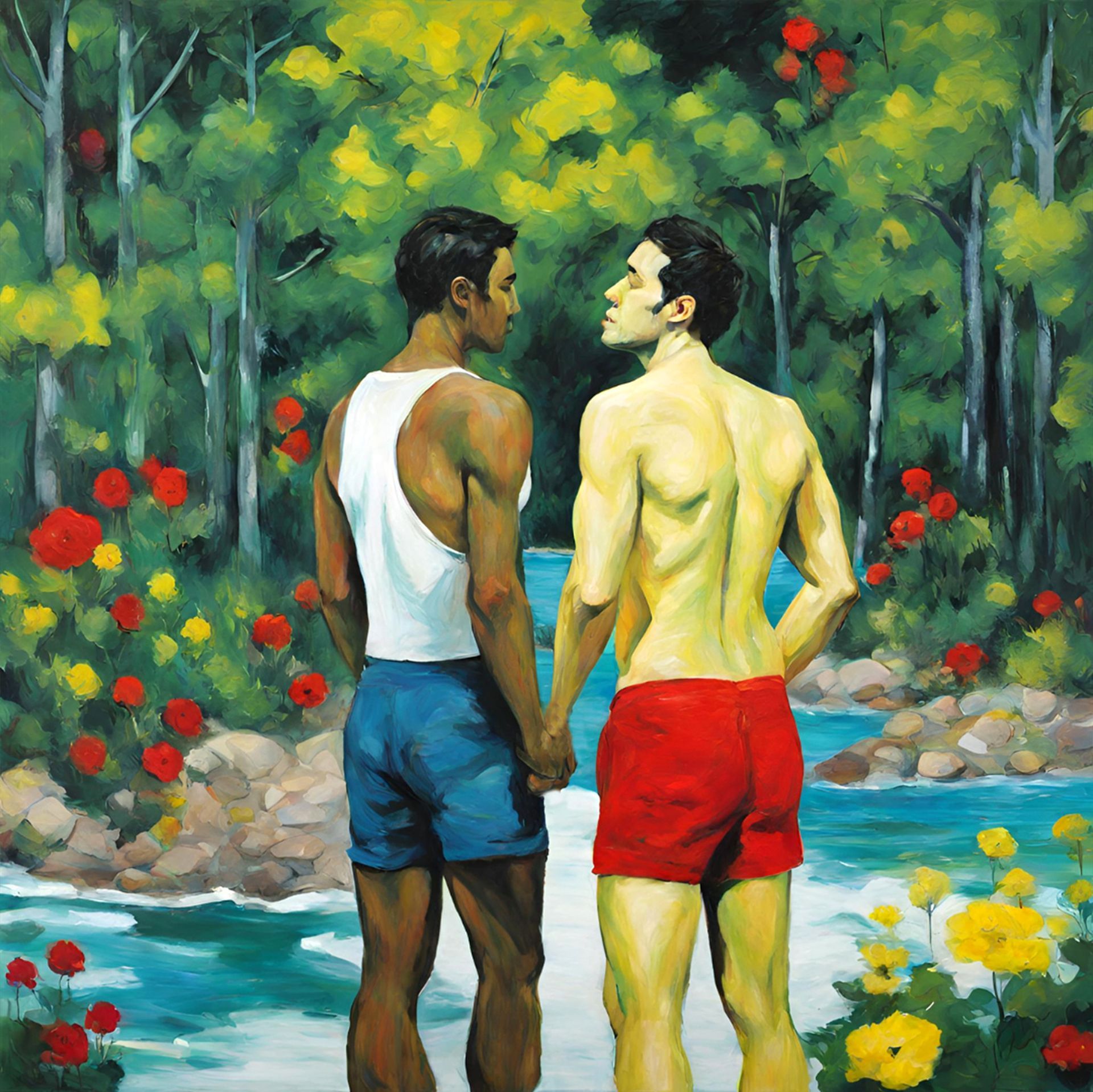 Two men holding hands in a colorful garden. One wears a tank top and blue shorts, the other, red shorts.