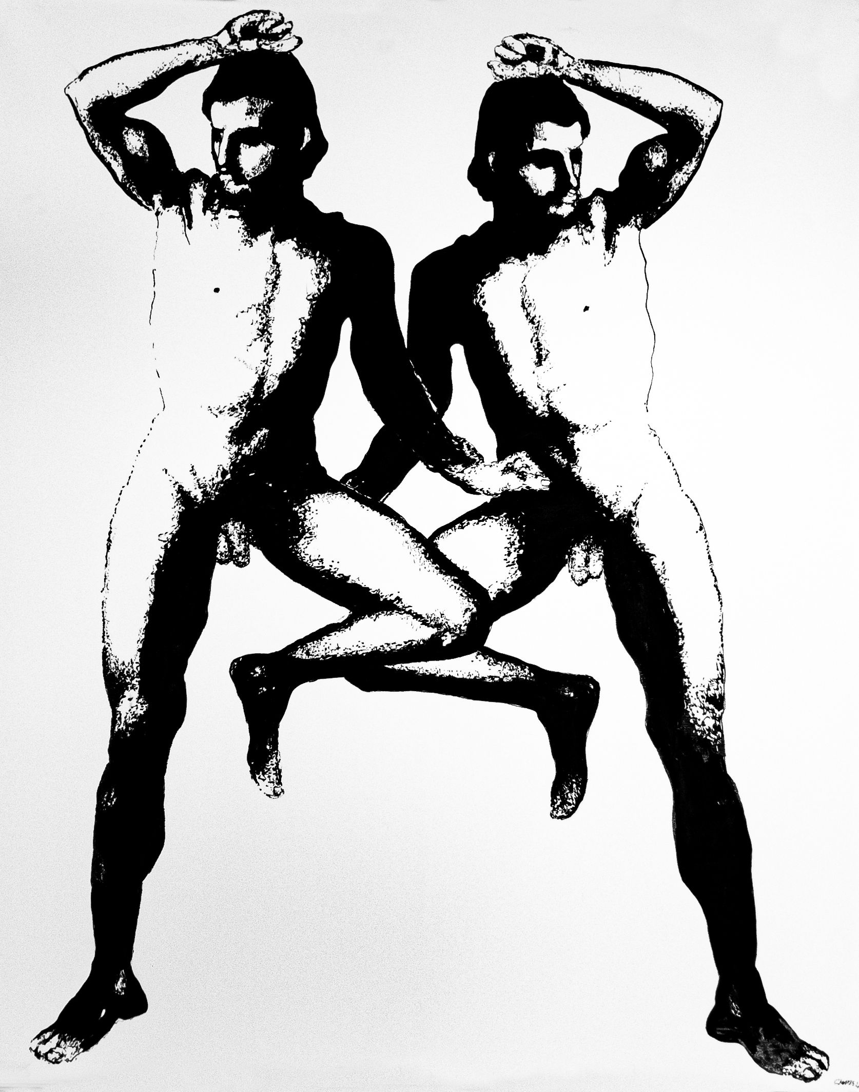 Two nude men mirroring each other, arms above head. Legs crossed, creating a mirrored pose.by Garbade