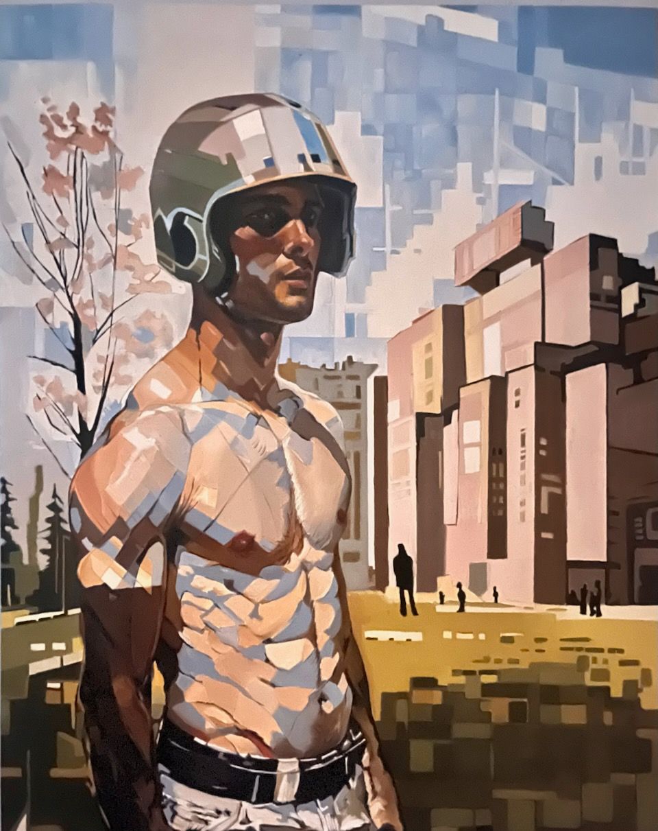 A shirtless person in a camo helmet stands outside, with a geometric cityscape backdrop.