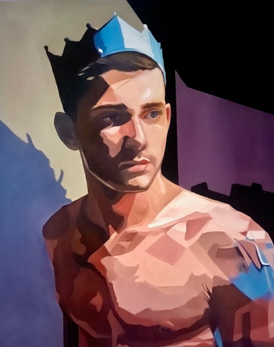 Man wearing a blue crown, shirtless, with a shadowed face, in a purple and black setting.