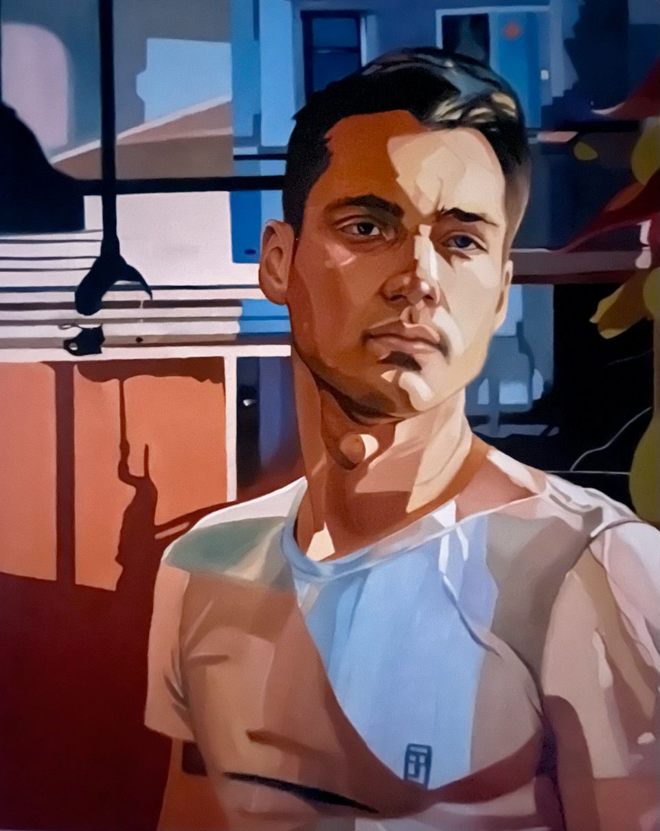 Man in a white shirt, illuminated by sunlight. Painted indoors by Lyndon Simmons with a blue background.