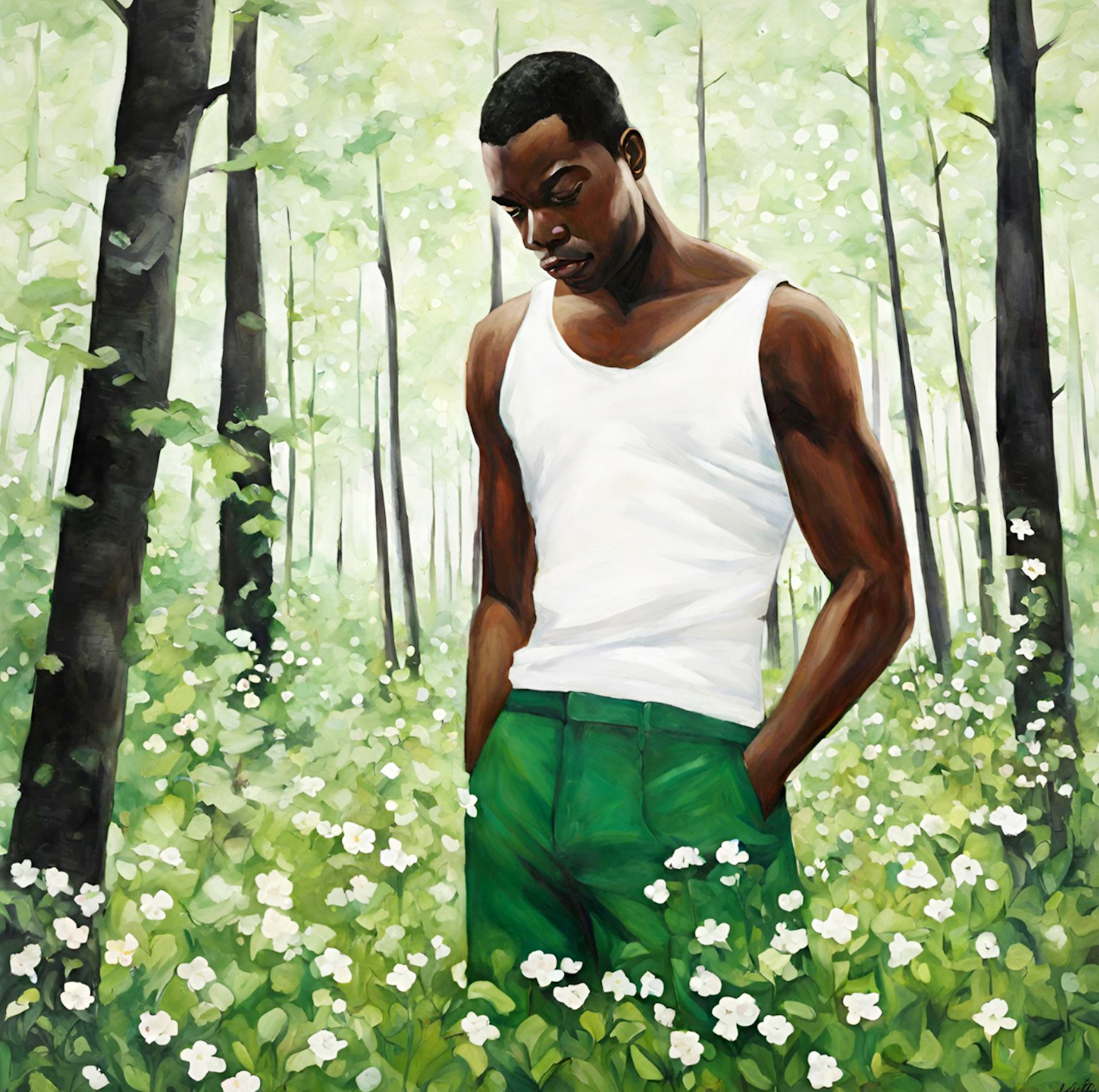 Black man in white tank and green pants in a forest, looking down.by Jose Gomez