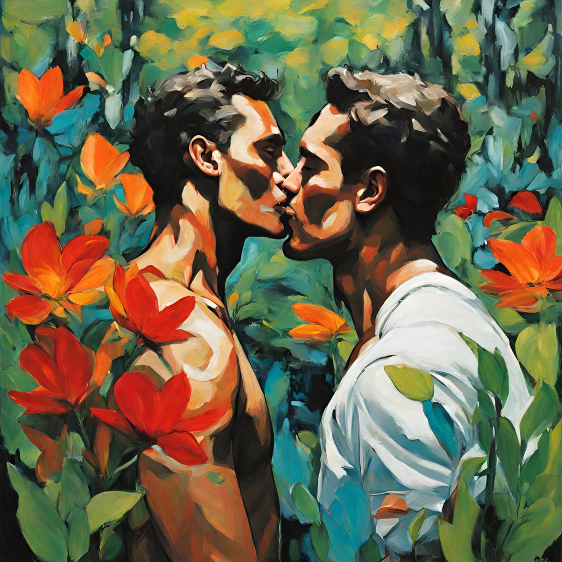 Two men kissing amidst vibrant red flowers and lush greenery.
