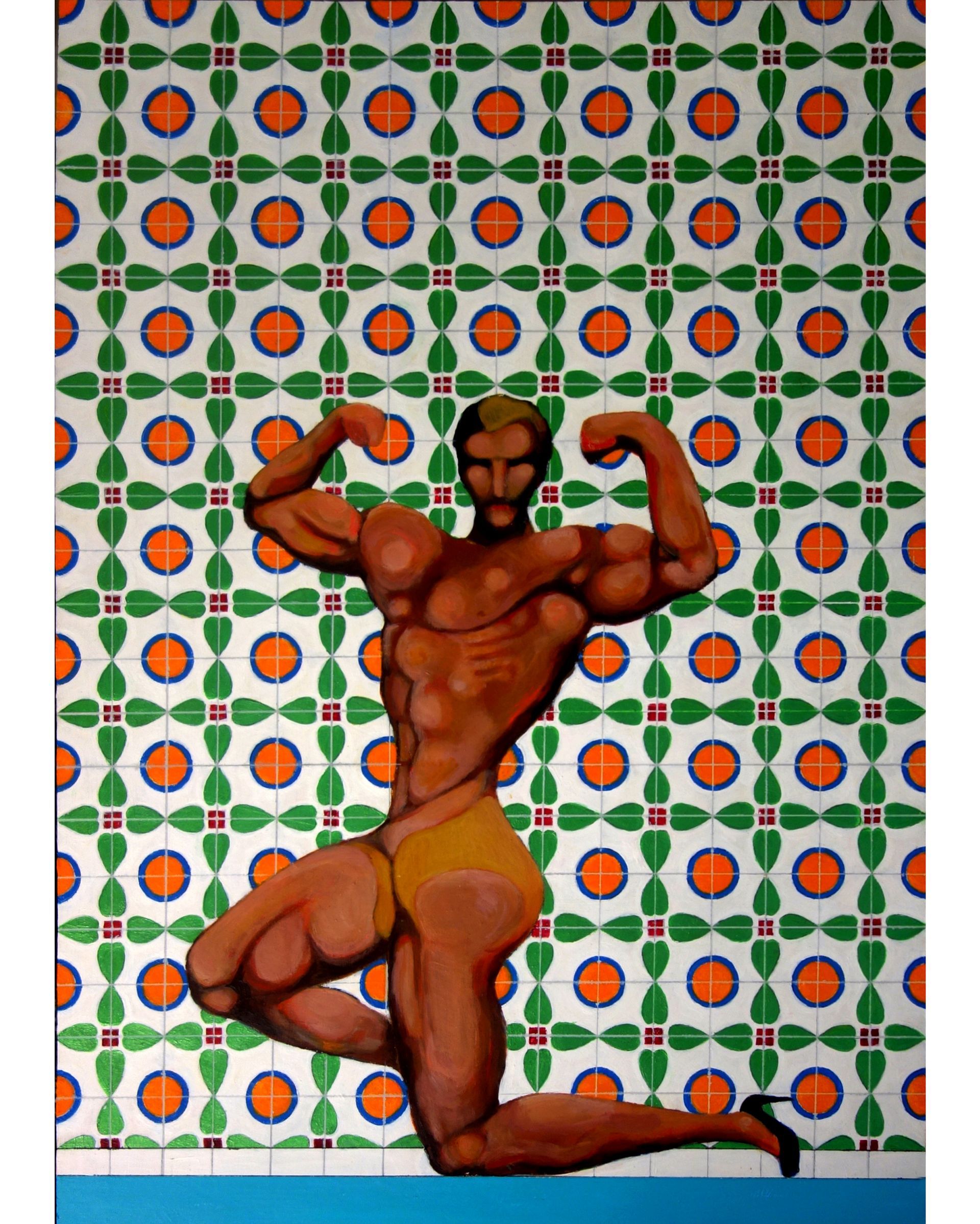Bodybuilder flexing muscles against a tiled wall. He is in a kneeling position, wearing yellow trunks.