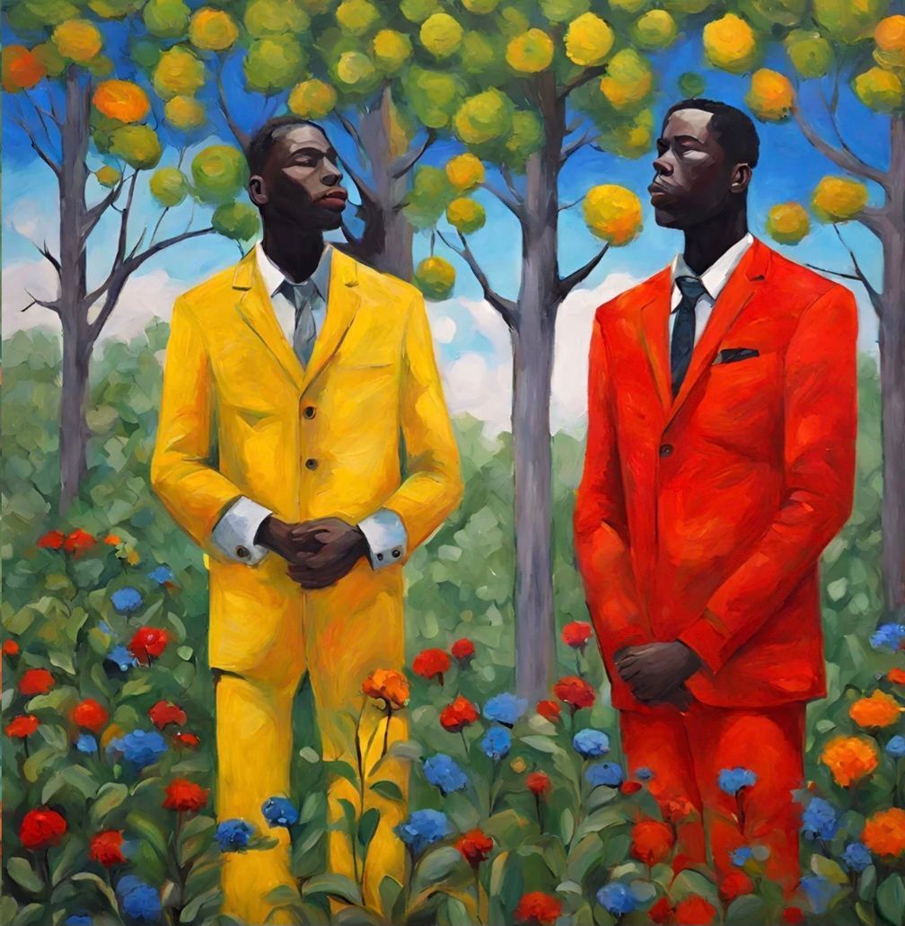 Two Black men in suits, one yellow, one red, standing in a garden with blue and orange flowers, trees with yellow fruit.