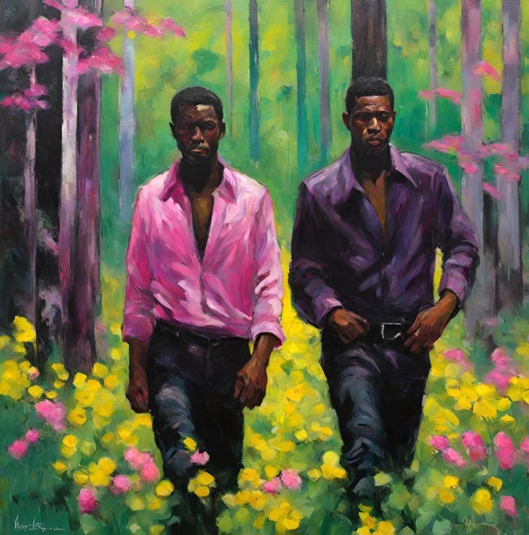 Two Black men walk through a colorful meadow. One wears a pink shirt, the other purple.