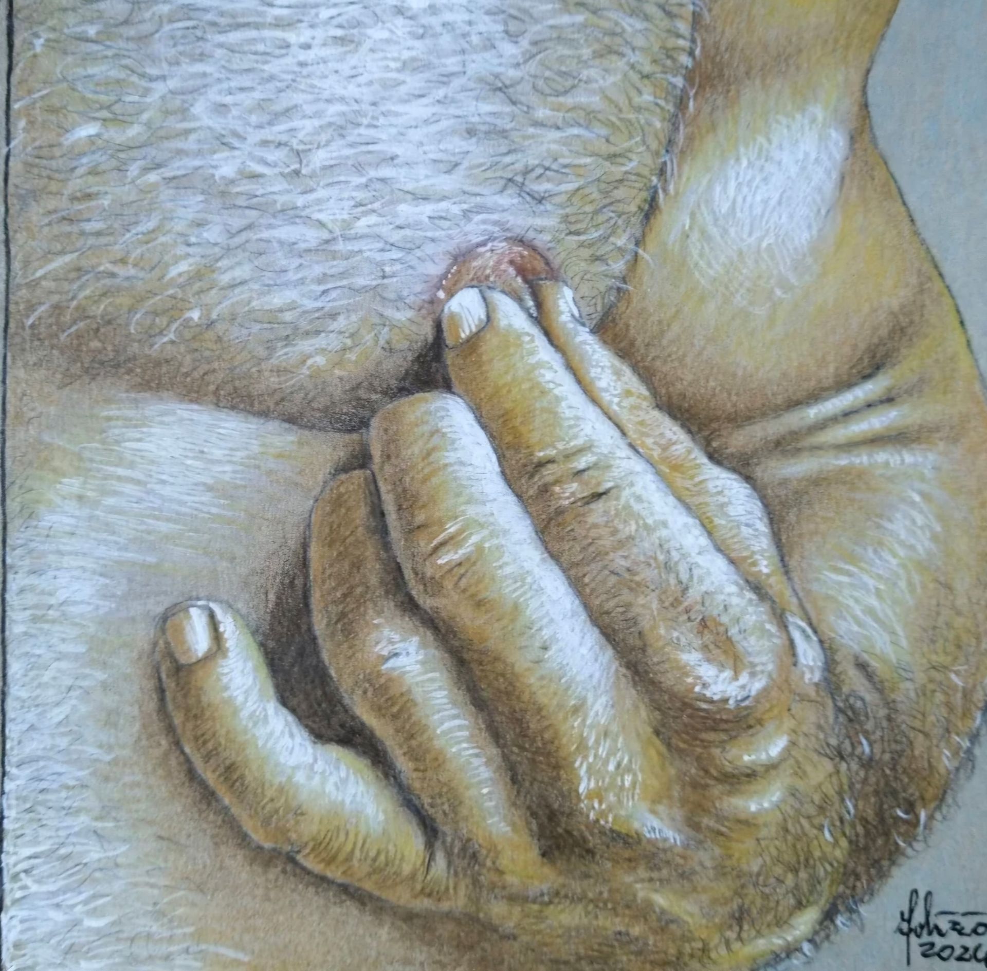 A hand rests on a hairy chest, the fingers wrapped around a nipple. Warm color palette.