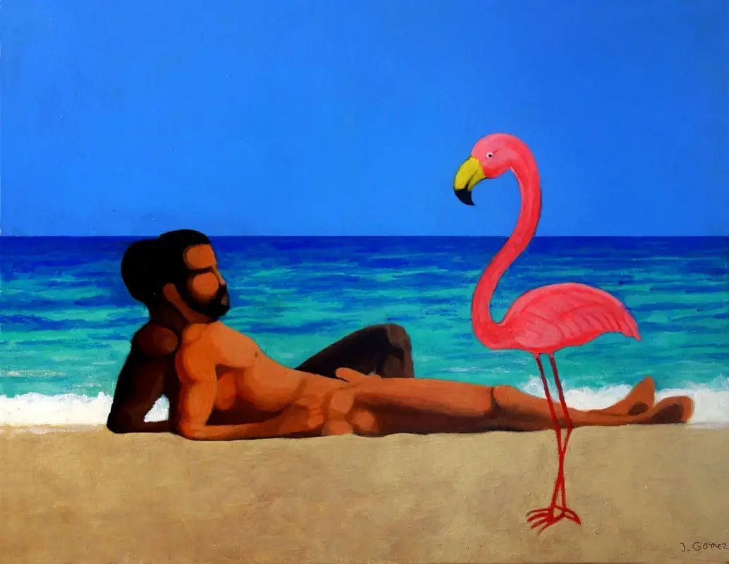 Man sunbathing on beach with pink flamingo. Blue sky and ocean.