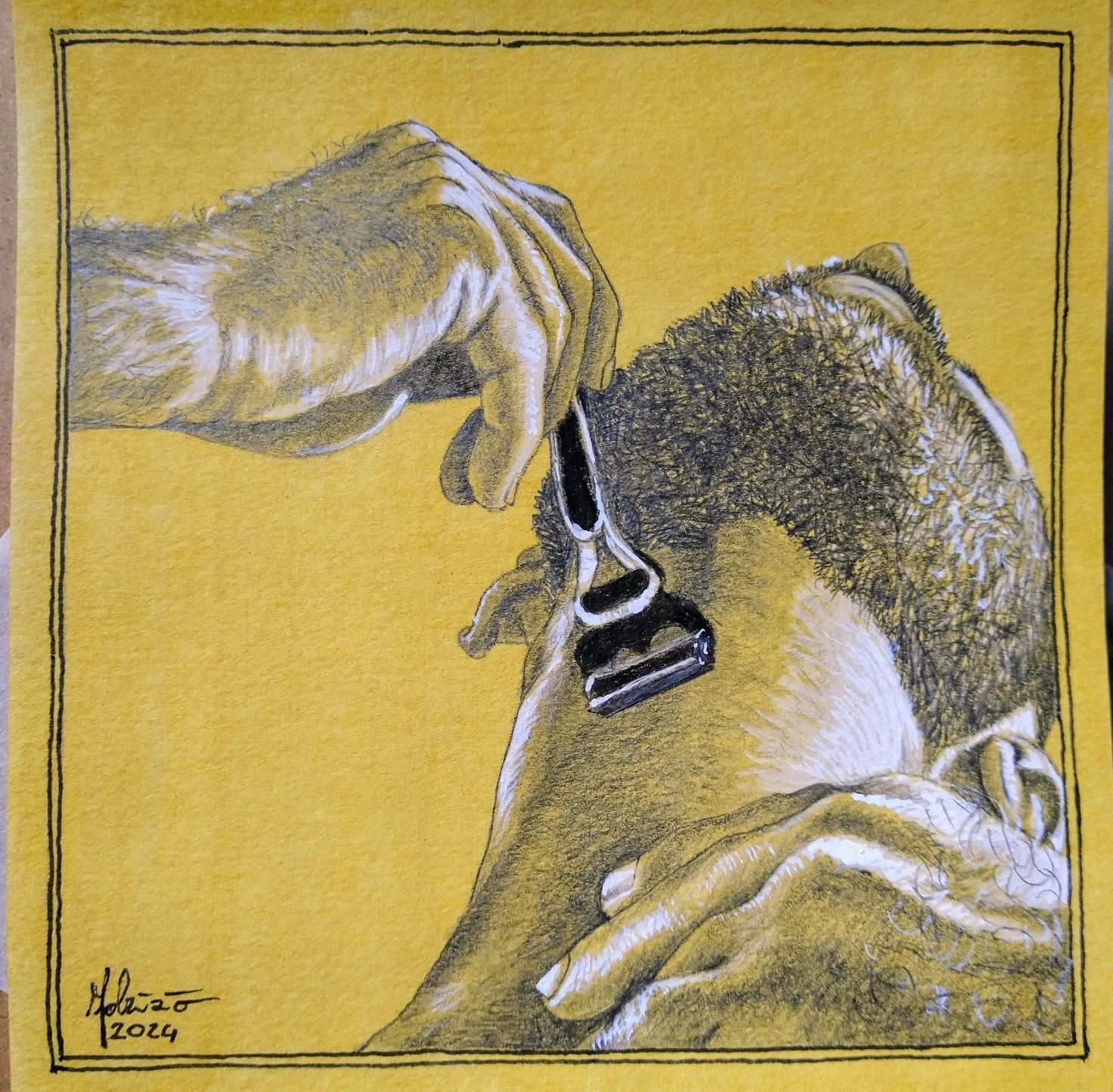 Hand shaving a person's neck with a razor. Yellow background.