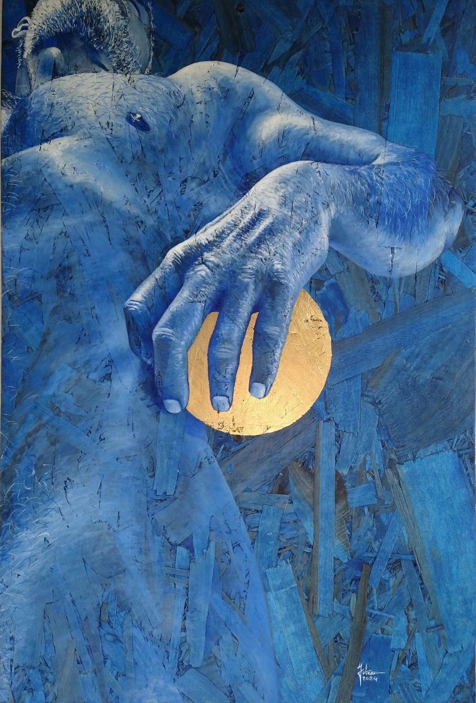 Blue figure holding a golden orb.