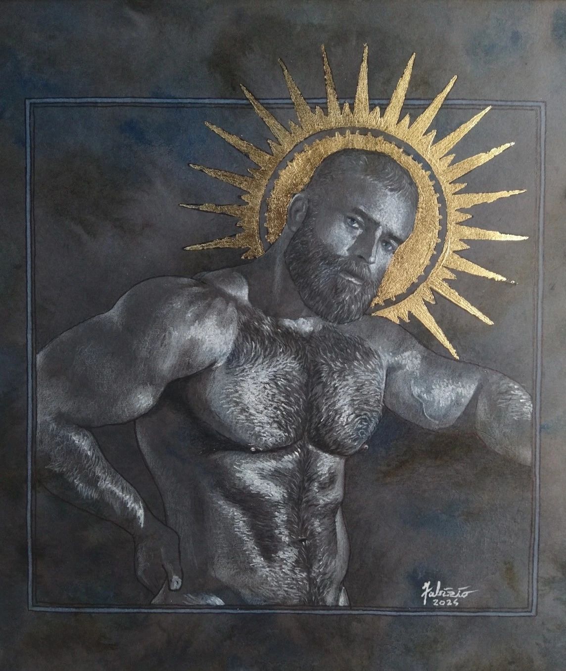 Muscular man with gold halo. Black and white artwork. Bearded with a pensive expression.
