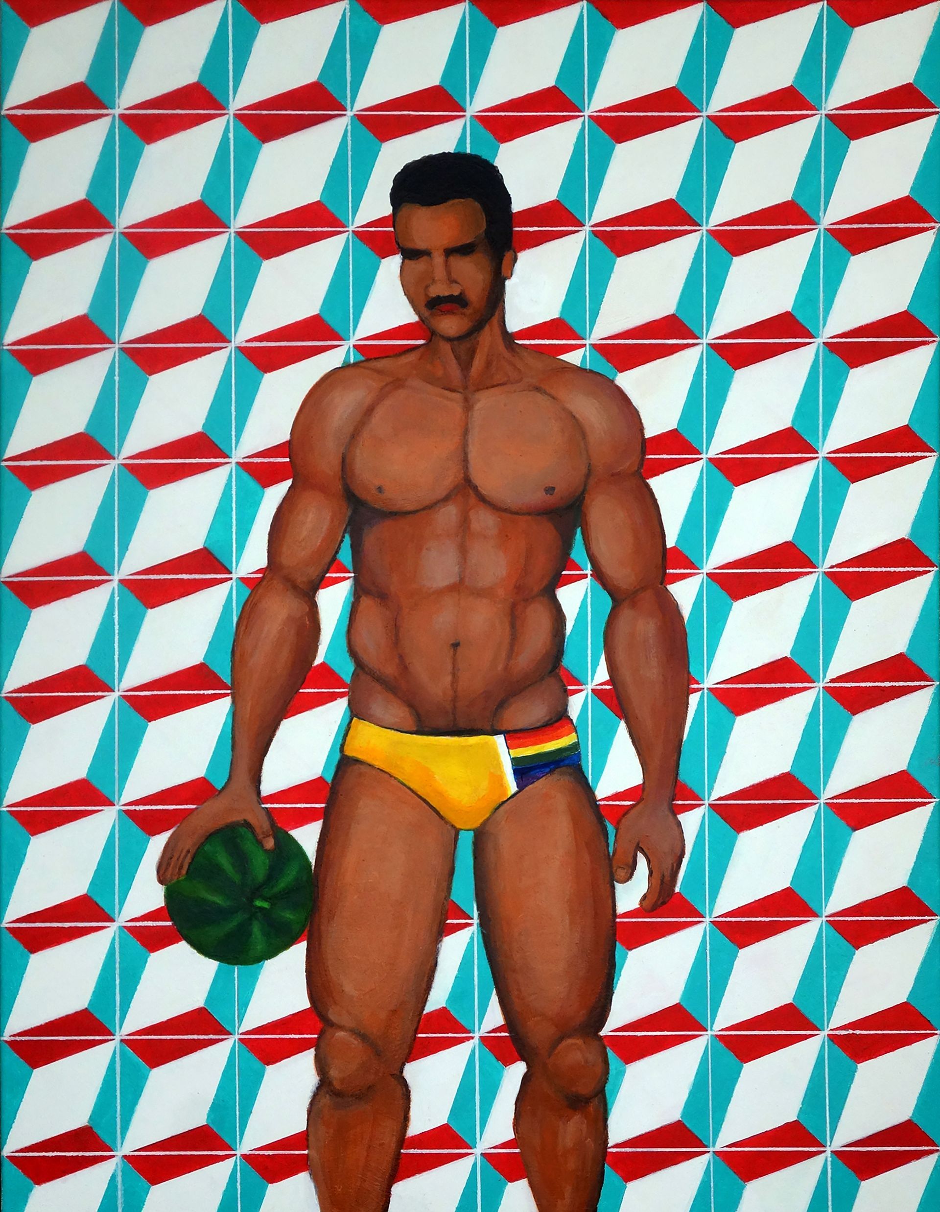 Muscular man in yellow speedo holding watermelon in front of a 3D patterned background.